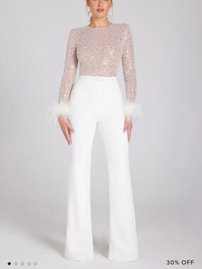 Nadine Merabi AMELIA WHITE JUMPSUIT Long-Sleeve Jumpsuit with Wide-Leg Pants